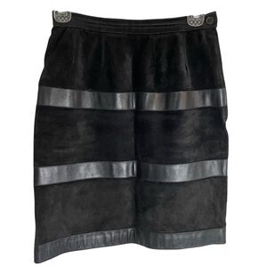 Vintage Saint Laurent Black Suede Mini Skirt with Leather Stripes Size 36 ~ US 6